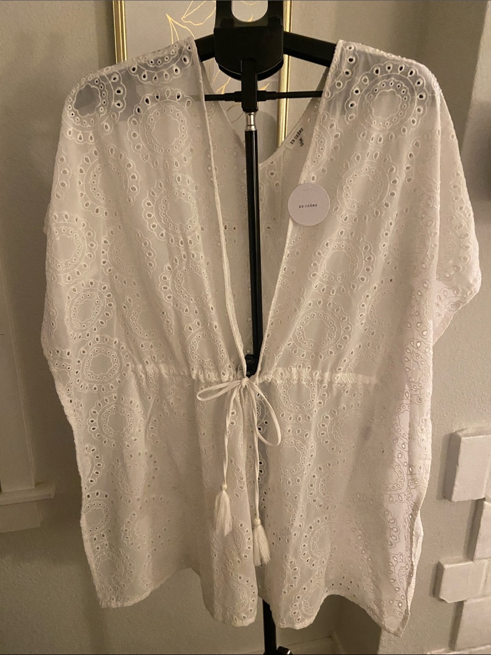 En Creme White Eyelet Swim Coverup with Tassel Tie